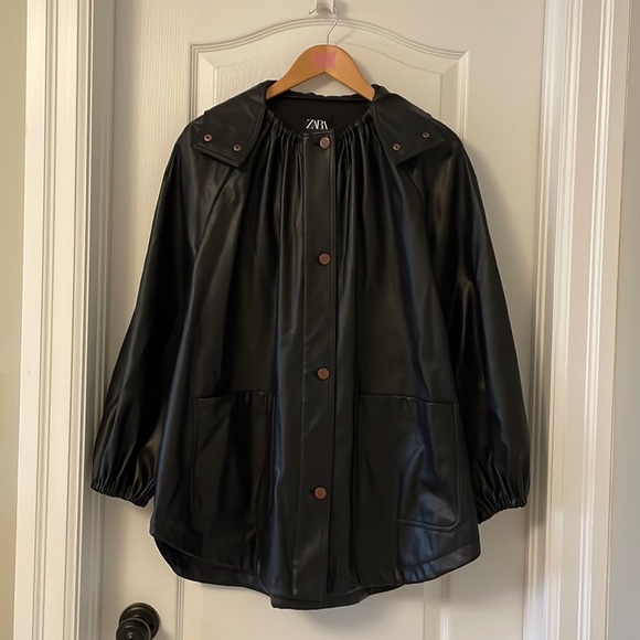 Zara Jackets & Blazers - NEW!!! ZARA Faux Leather Jacket, Black with Hood.  Size XS.